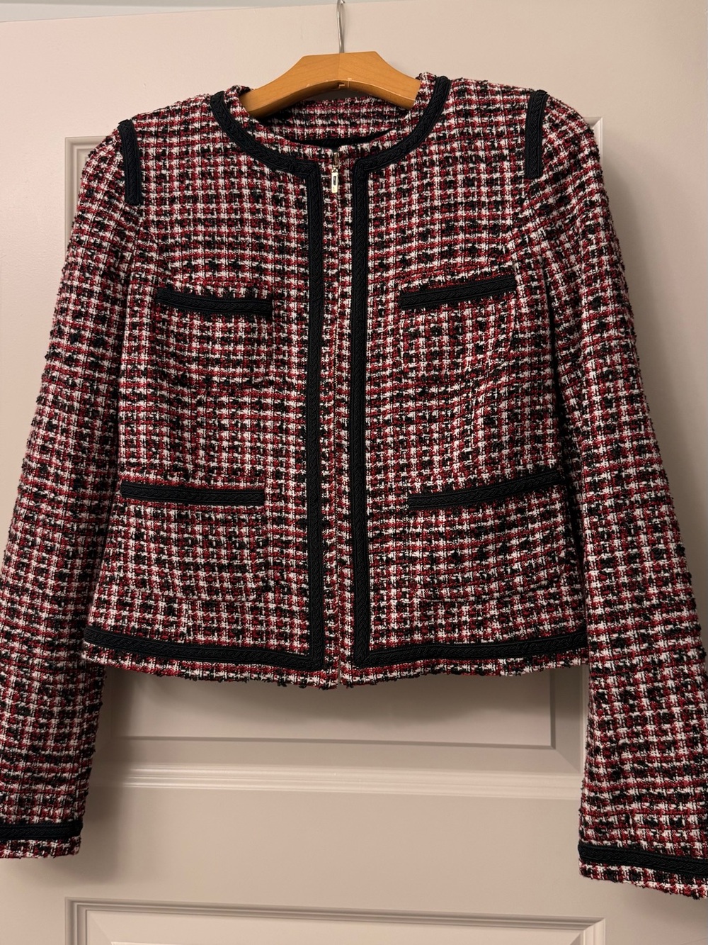 Mango Red and Black Tweed Collarless Jacket